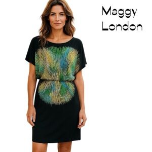 Maggy‎ London Black Green Blouson Dress Size 6